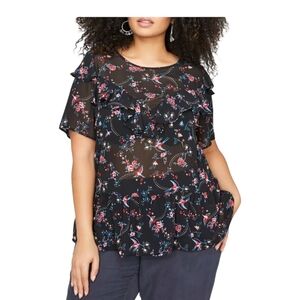 Love & Legend Black and Red Sheer Ruffled Short Sleeve Blouse Size 20